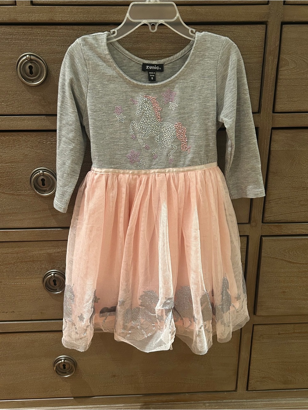 Zuni’s Girls' Grey & Pink Tulle Skirt Dress Sparkly Unicorn Design Bow Waist